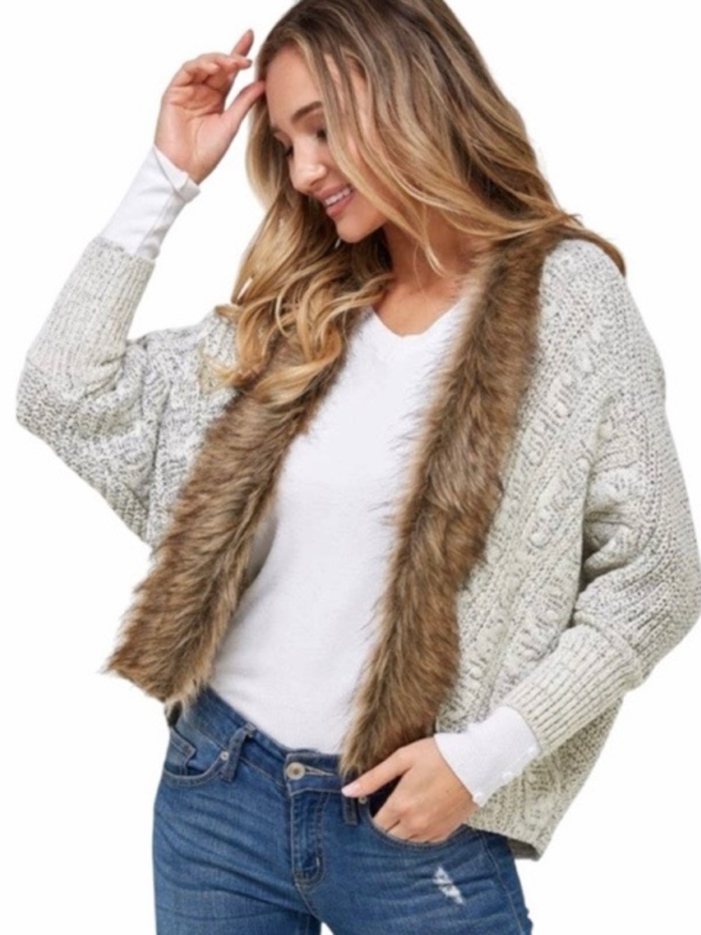 Northern Angel Faux Fur Trim Cardigan Sweater